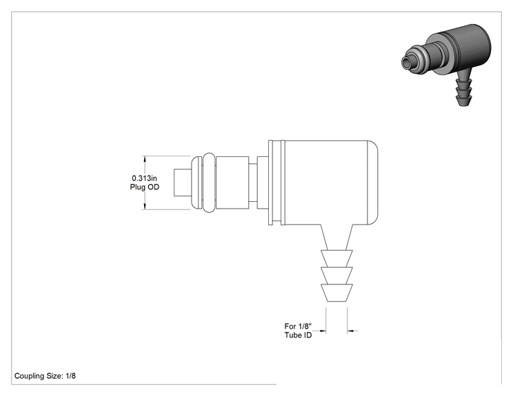 Teknik Çizim - Kimyasallar için Hızlı Bağlantı Boru Bağlantısı, Kapatma Valfli Tırnaklı Dirsek Plugi, 1/8 Kaplin, 1/8" Boru için
