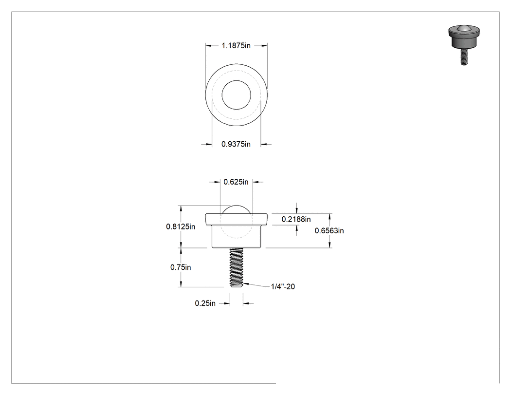 Teknik Çizim - Saplama Montajlı Bilyalı Transfer, 5/8" Naylon Bilye, Çinko Kaplı Çelik Muhafaza, 125 lbs. Kapasite
