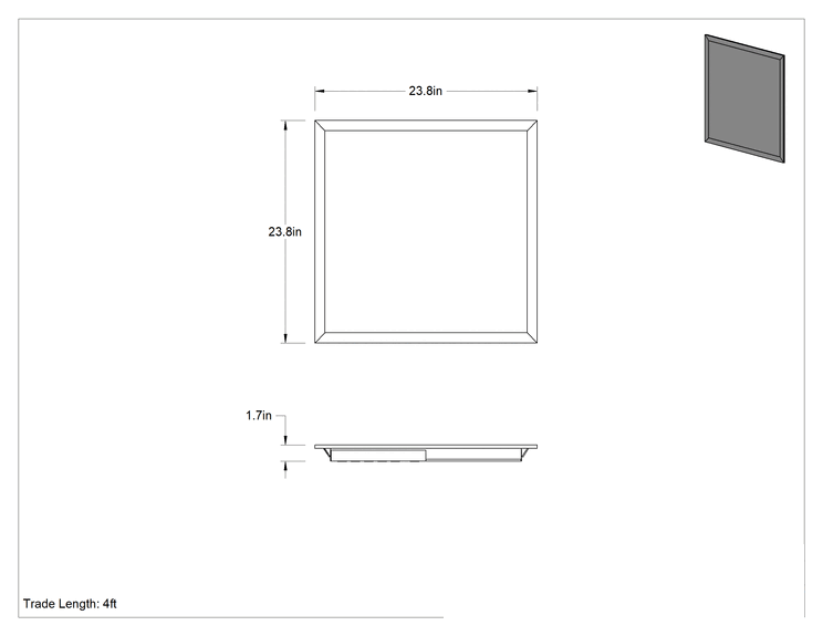 Teknik Çizim - Yerleşik LED'li Gömme Tavan Işığı, Pürüzsüz Akrilik Lens, 24" Uzunluk x 24" Genişlik x 1-3/4" Yükseklik