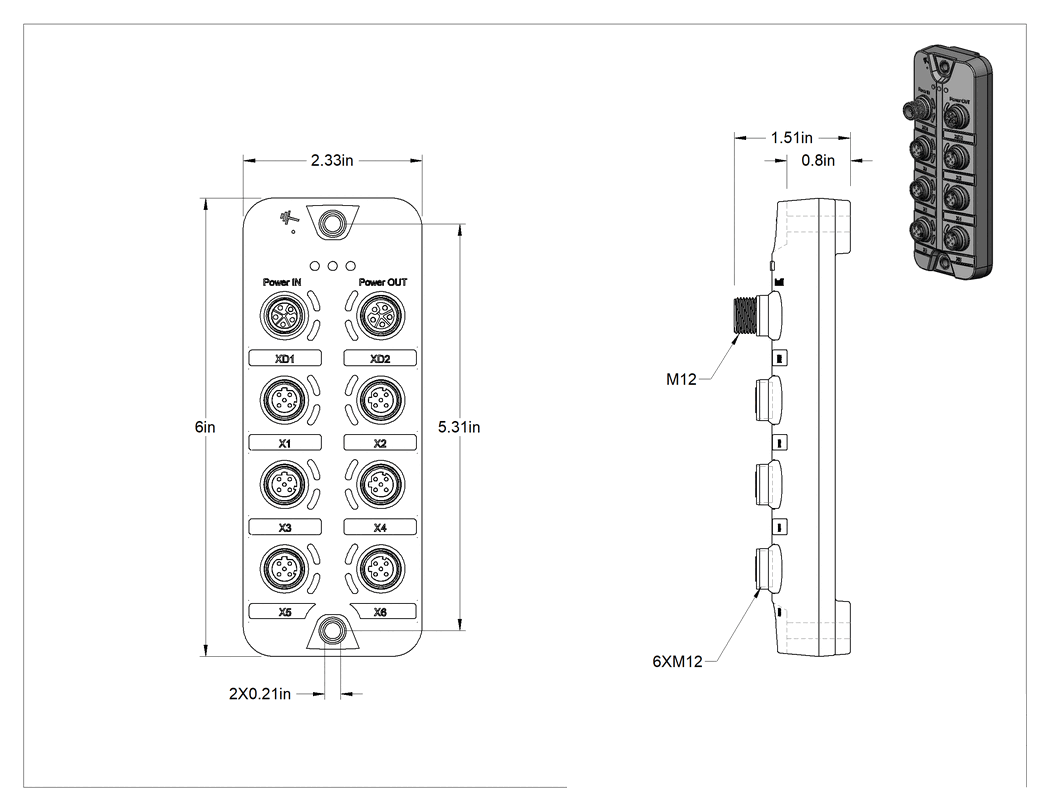 Teknik Çizim - Mikro M12 Ethernet Anahtarları, Ethernet/IP, MODBUS Tcp, Giriş/Çıkışlı L Kodu, IP69K