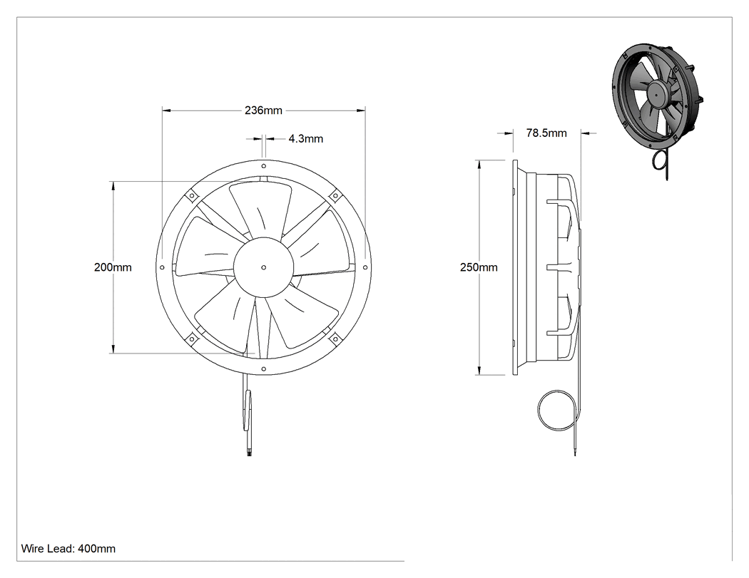 Teknik Çizim - Yüksek Çıkışlı Ekipman Soğutma Fanı, 9.84 inç Yuvarlak Çap, 120V AC, 290 ila 460 CFM Hava Akışı