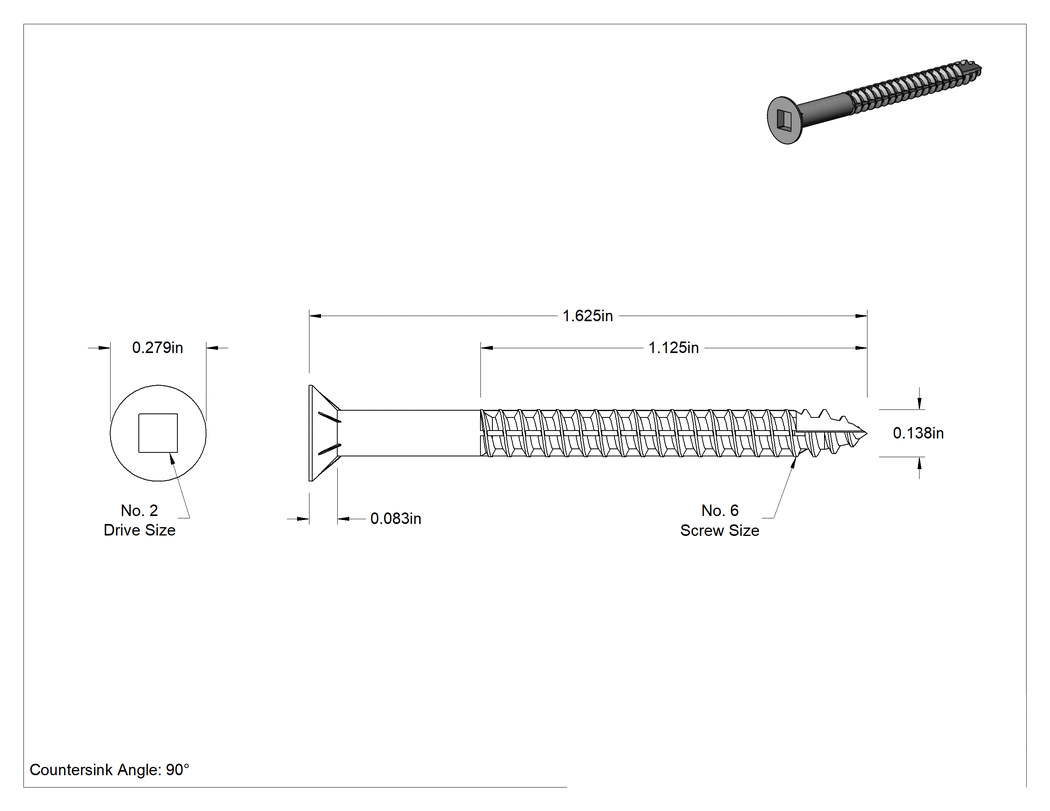 Teknik Çizim - Ahşap için Tırtıklı Kare Tabanlı Havşa Başlı Vidalar, 18-8 Paslanmaz Çelik, Numara 6 Boyut, 1-5/8 inç Uzunluk
