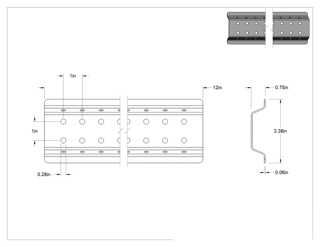 Teknik Çizim - Delikli Pano Şeridi, Beyaz Epoksi Kaplı Çelik, 9/32" Çaplı Delikler, 12 inç Genişlik x 3 inç Yükseklik