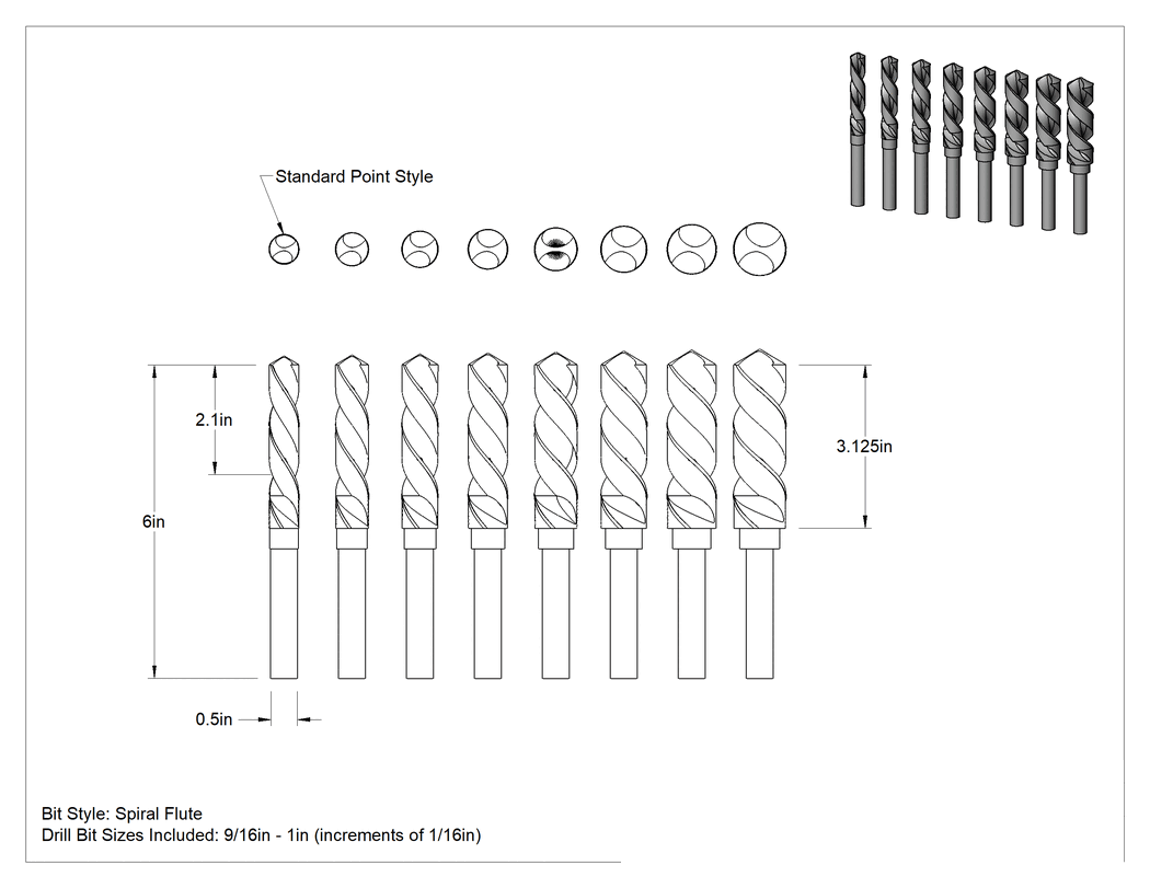 Teknik Çizim - 1/2" Çapında Daraltılmış Şaftlı Matkap Ucu, 8 Parça Set