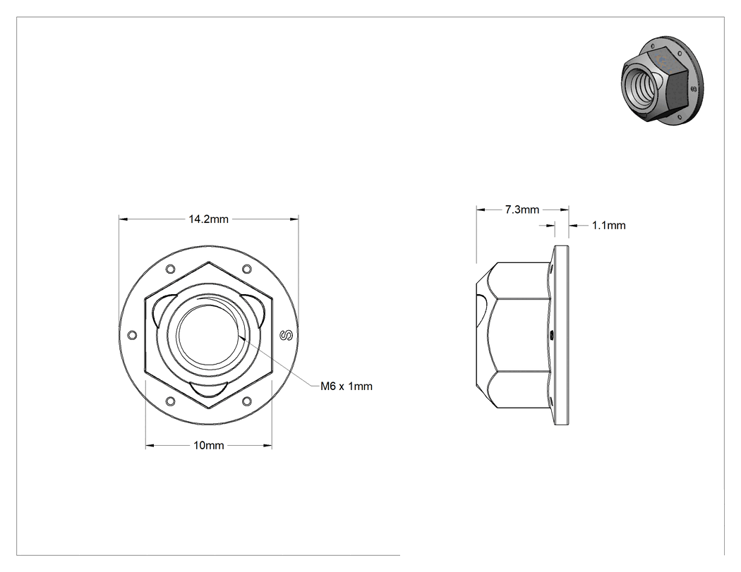Teknik Çizim - Yüksek Mukavemetli Çelik Deforme Edilmiş Dişli Flanşlı Somun, Sınıf 10, Siyah Oksit, M6 x 1 mm Diş Boyutu