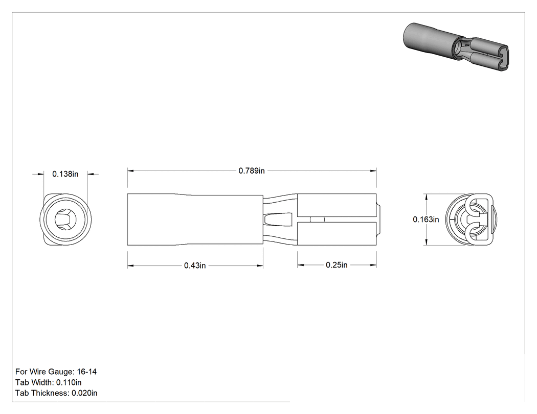 Teknik Çizim - Manşon Yalıtımlı Faston Terminaller, Çift Sıkma, Dişli, 16-14 AWG için, 0.110 inç x 0.020 inç Tırnak