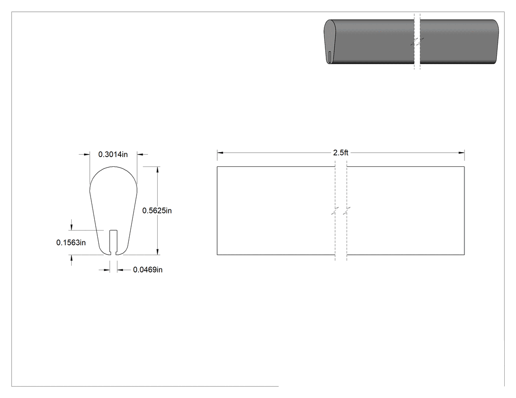 Teknik Çizim - SBR Çıtası, 3/64" Genişlik x 5/32" İç Yükseklik, 2-1/2 Fit Uzunluk