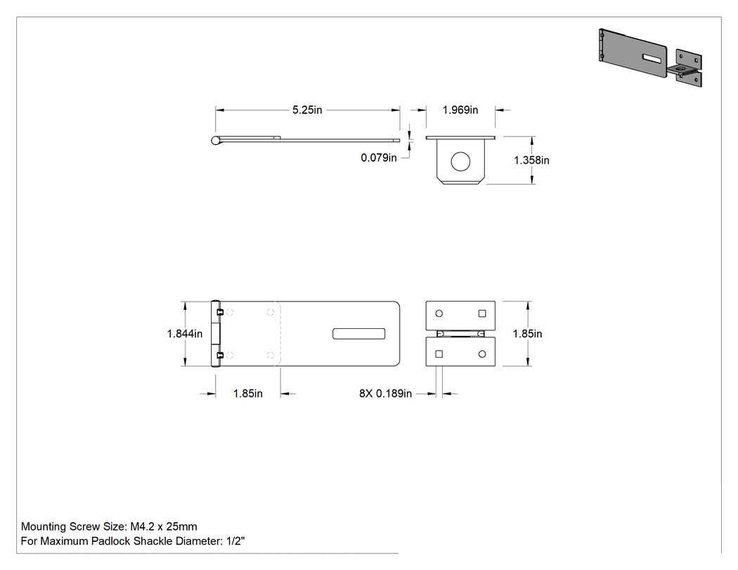 Teknik Çizim - Asma Kilitli Mandal, 5-1/4" x 1-7/8" x 1/16" Kollu, Çinko Kaplı Çelik