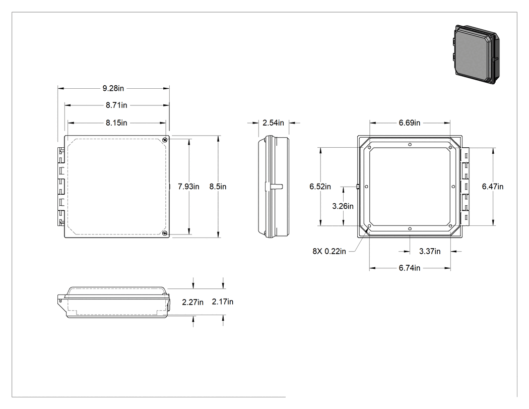 Teknik Çizim - Muhafazalar için HMI Kapağı, Vidalı Kapak, Polikarbonat, 8-1/2" Yükseklik x 9-1/4" Genişlik