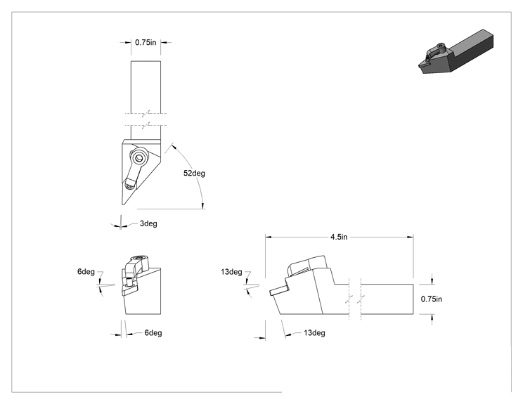 Teknik Çizim - Döner Karbür Uç Tutucu, MVJN, Sol Yönlü, 3/8" iç çember çapı için, 3/4" Şaft Genişliği