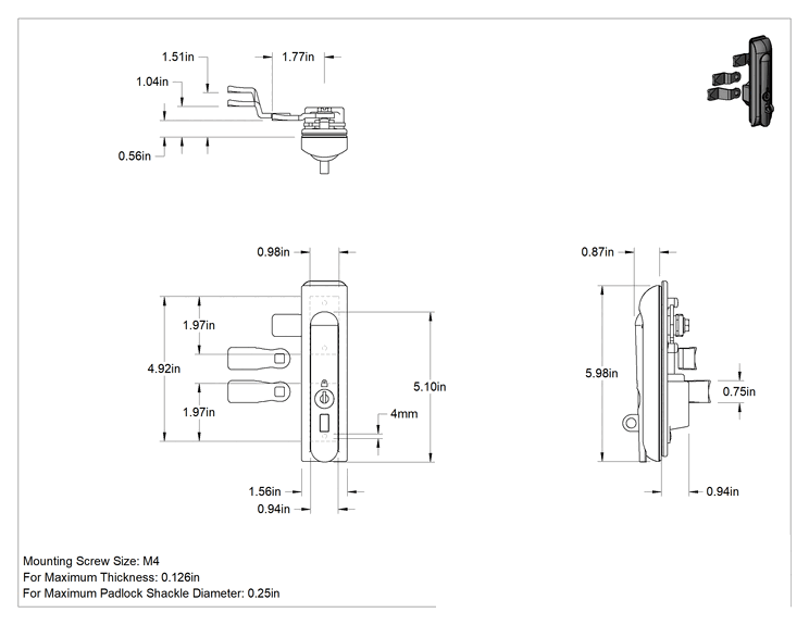 Teknik Çizim - Yıkanabilir Eş Anahtarlı Asma Kilitlenebilir Kam Kilidi, Krom Kaplı Çinko, 1/8" Maksimum Kalınlık için, 6 inç Uzunluğunda Montaj Plakası