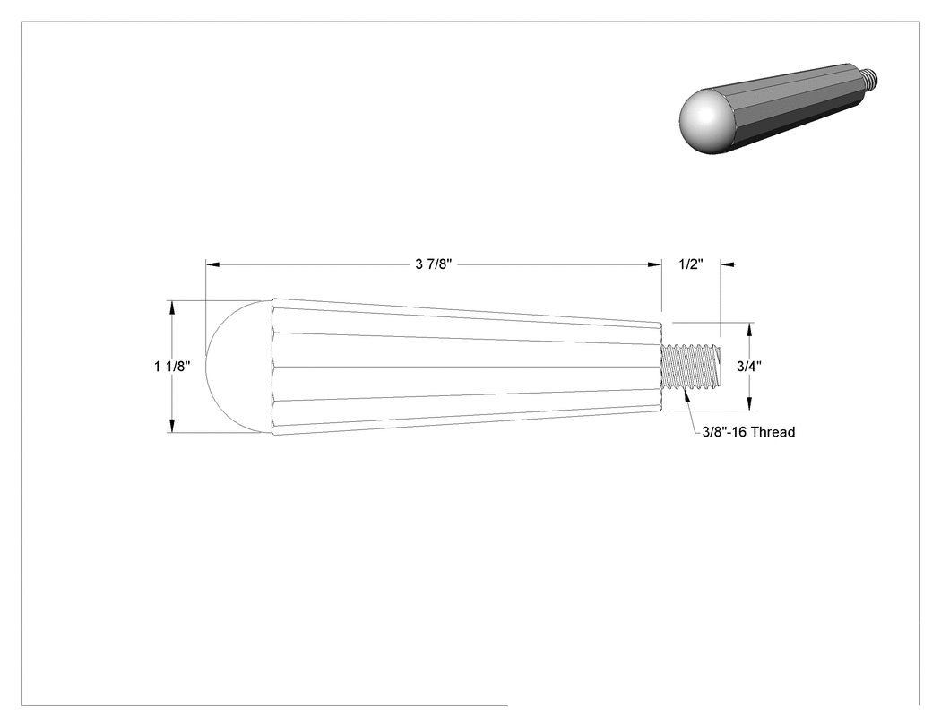 Teknik Çizim - Plastik Konik Sap, 3/8"-16 Dişli 1/2" Uzunlukta Saplamalı