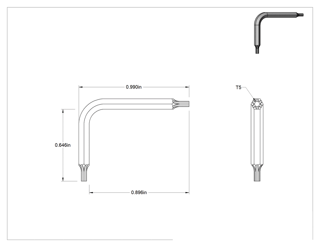Teknik Çizim - Alaşımlı Çelik Torx L-Anahtarı, Siyah Fosfat Kaplamalı, T5 Tahrik Boyutu, 1-1/16" Toplam Uzunluk