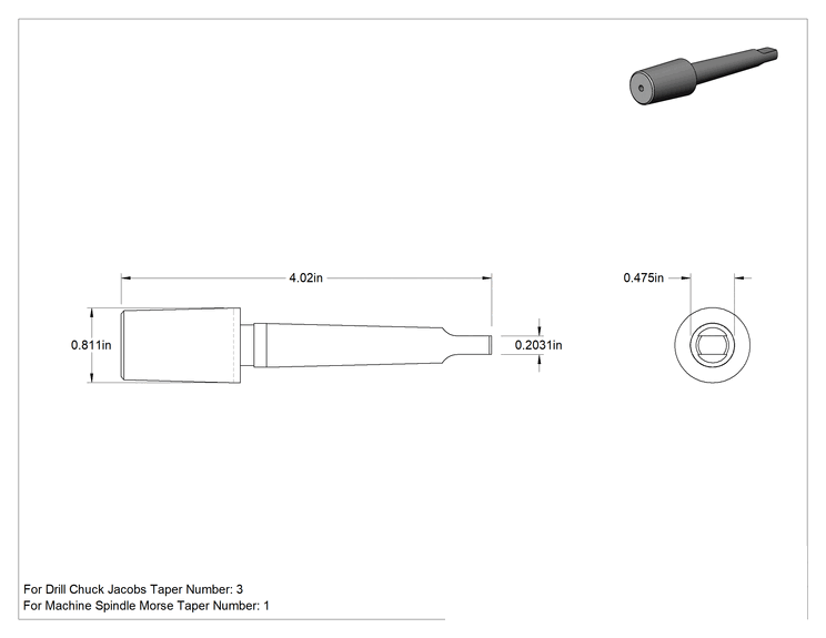 Teknik Çizim - Matkap Mandreni, 1 Numaralı Morse x 3 Numaralı Jacobs için, 4-1/64" Toplam Uzunluk