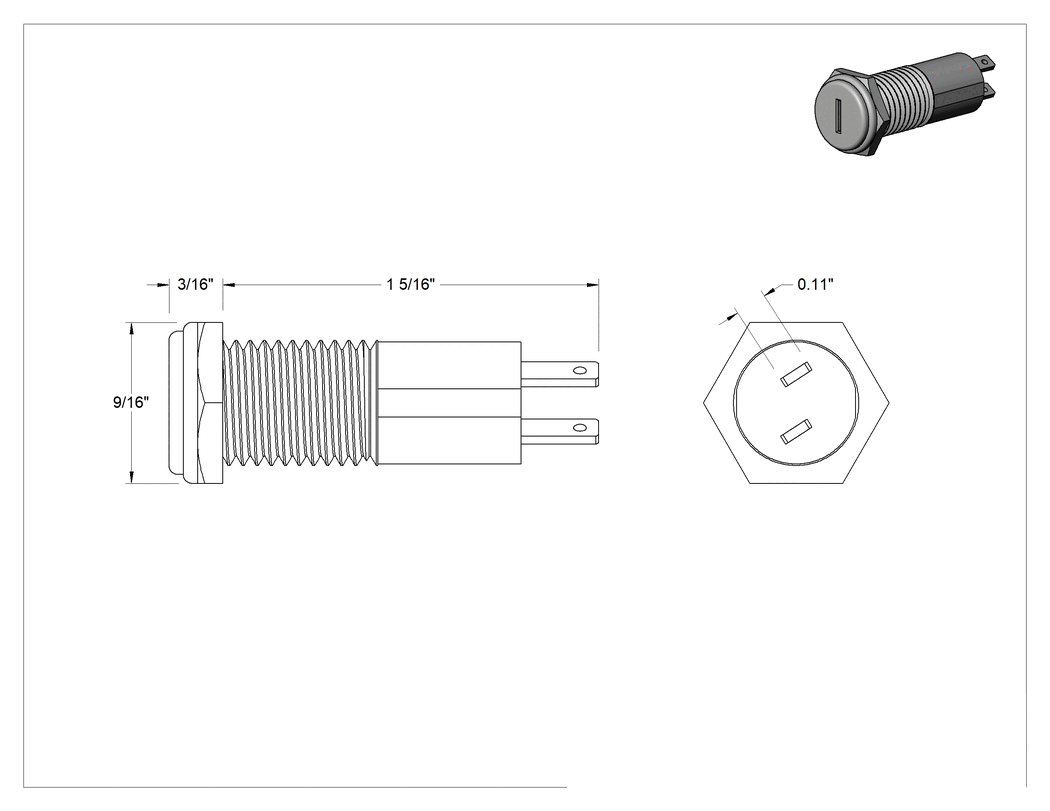 Teknik Çizim - Minyatür 15/32" Panel Montajlı Anahtarları, Faston Terminaller ile Aynı Anahtarlı