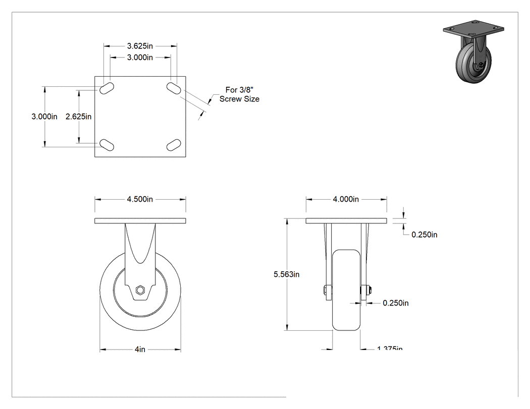 Teknik Çizim - 4-1/2" x 4" Plakalı Parlak Yüzeyli Tekerlek, 4 inç Çapında Kauçuk Tekerlekli Sert