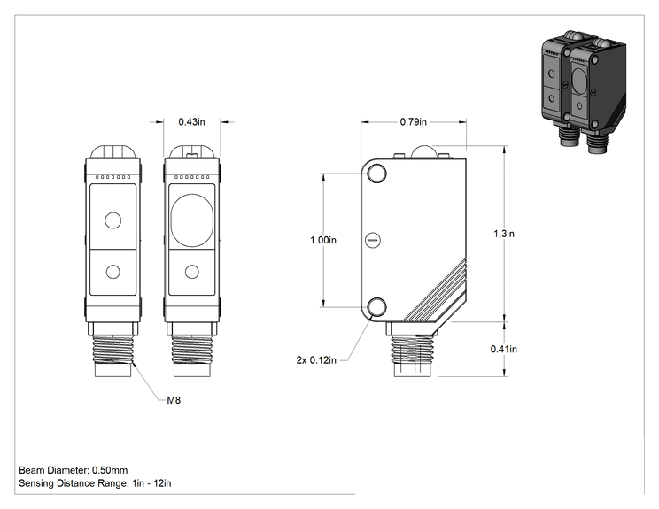 Teknik Çizim - Hassas Fotoelektrik Anahtar, 4 Kutuplu Nano M8 Fiş, Ayarlanabilir Doğrudan Algılama, NPN Çıkışı