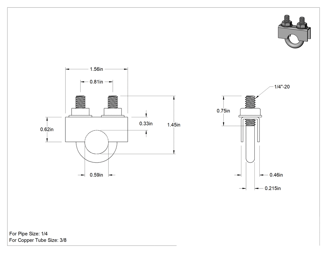 Teknik Çizim - Sıkıştırma U-Cıvatası, Çinko Kaplı Çelik, 1/4"-20 Diş Boyutu, 9/16" İç Çap