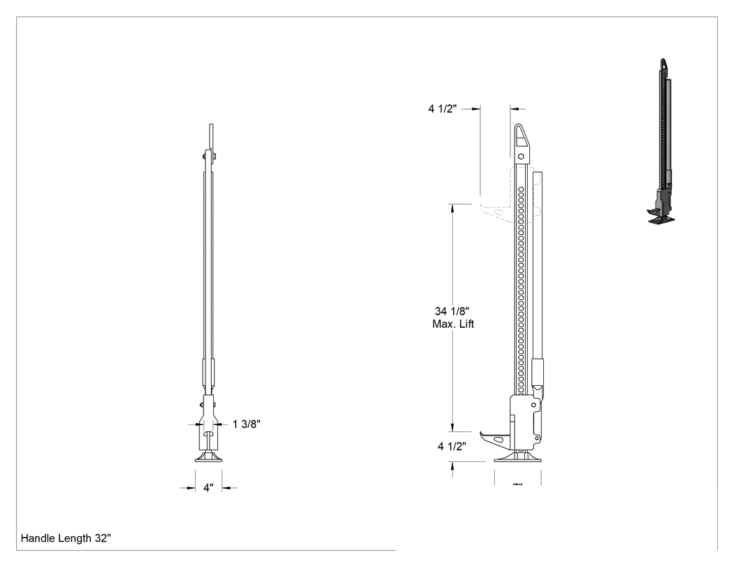 Teknik Çizim - Cırcırlı Kriko, 150 lb ila 4500 lb Kapasite
