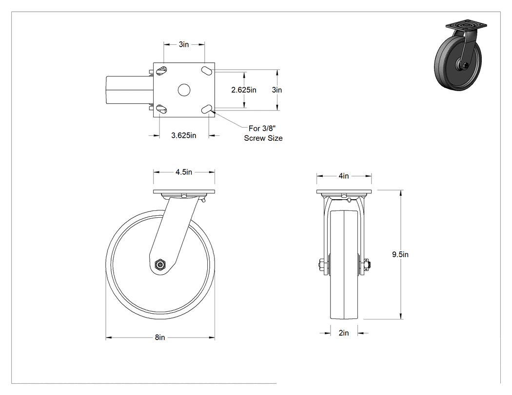 Teknik Çizim - 4-1/2" x 4" Plakalı Yüksek Kapasiteli Spartan Tekerlek, Koruyuculu Rulmanlı 8" Çaplı Poliüretan Tekerlekli Döner