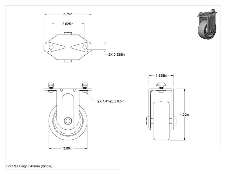 Teknik Çizim - T-Yivli Çerçeve Tekerleği, Kolay Yuvarlanan, Sabit, 45 mm Yüksekliğinde Ray, 3" Poliüretan Tekerlek