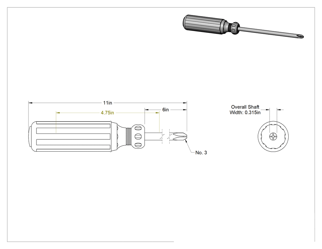 Teknik Çizim - Yastıklı Tutamaklı Tornavida, Değer, 3 Numaralı Phillips Ucu, 11" Toplam Uzunluk