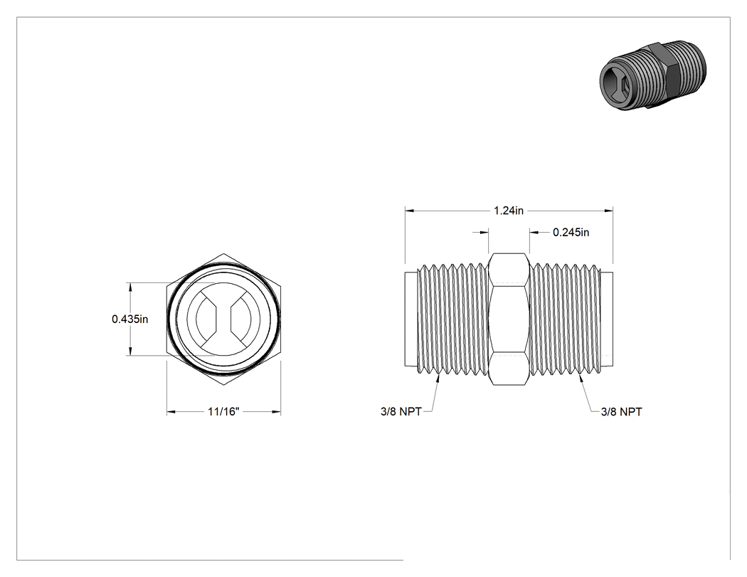 Teknik Çizim - Kompakt Plastik Dişli Çekvalf, 3/8 NPT Erkek x 3/8 NPT Erkek