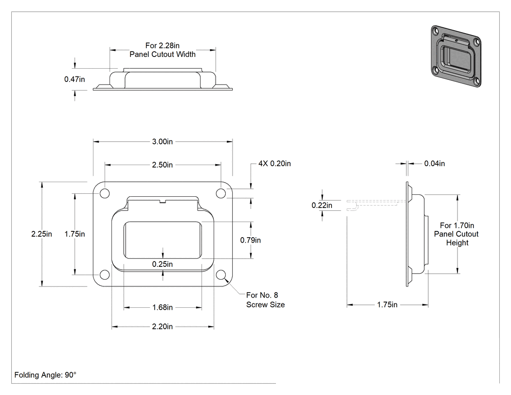 Teknik Çizim - Montaj Plakalı Gömme Katlanır Çekme Kolu, Dişsiz Delikli, Paslanmaz Çelik Dikdörtgen Tutamak, 1-5/16" Çıkıntı