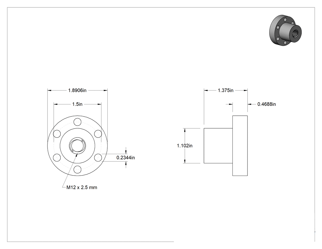 Teknik Çizim - Hızlı Hareketli Ultra Hassas Kılavuz Vida için M12 x 2.50 mm Dişli Flanşlı Somun