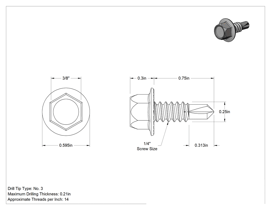 Teknik Çizim - Metal için Sıyırmaya Dayanıklı Delme Vidaları, Standart Başlık, Çinko Kaplı Çelik, 1/4" Boyut, 3/4" Uzunluk