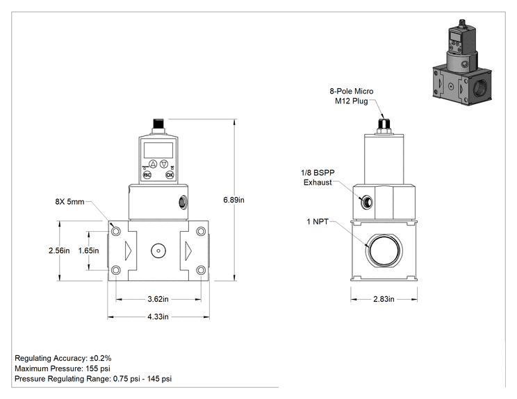 Teknik Çizim - Ekranlı Hassas Basınçlı Hava Regülatörü, Yüksek Akışlı, Elektronik Kontrollü, 0.75-145 PSI, 1 NPT Dişi