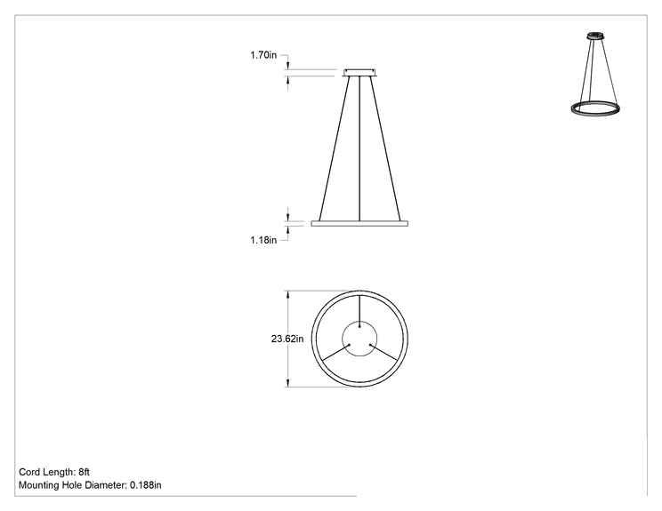 Teknik Çizim - Dekoratif Tavan Işığı, Mat Beyaz Gövde, Askı, 24" Çap x 1-1/4" Yükseklik