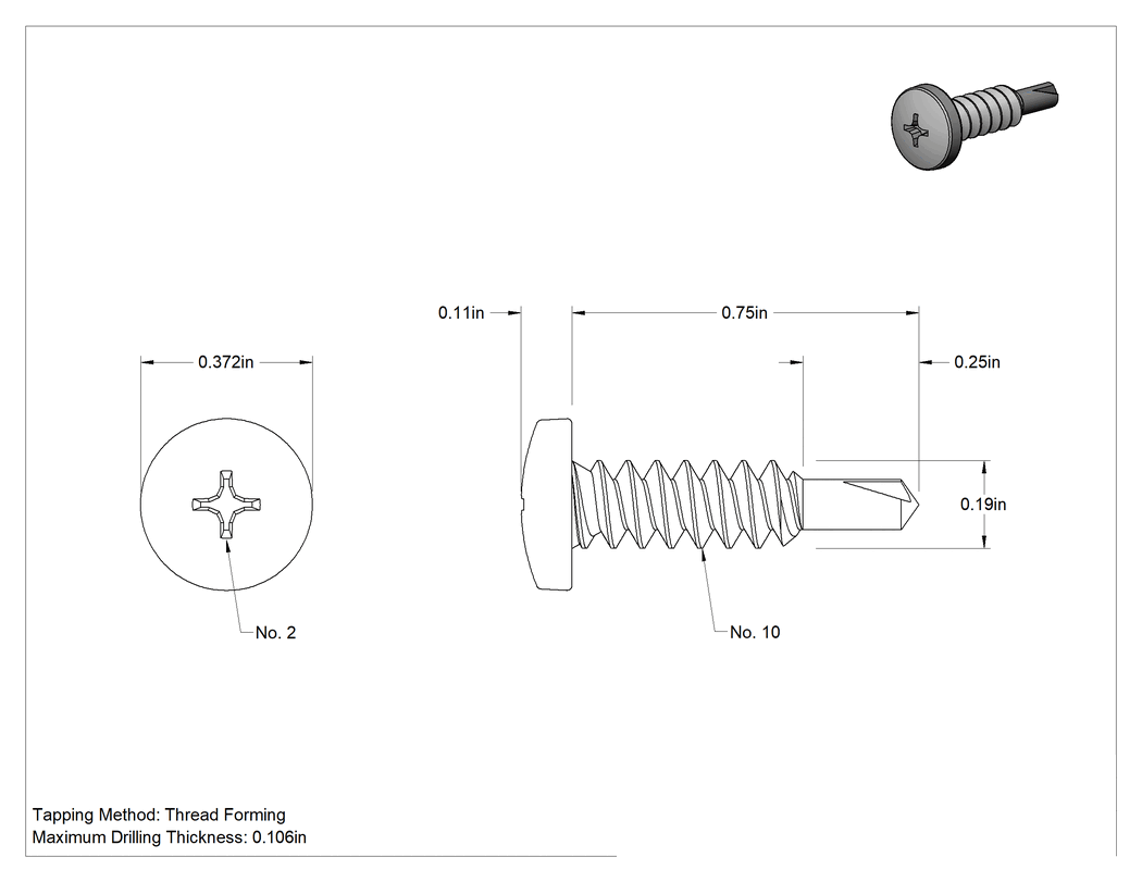 Teknik Çizim - 18-8 Paslanmaz Çelik Phillips Yuvarlak Başlı Delme Vidaları, Metal için, 10 Numaralı Boyut, 3/4" Uzunluk