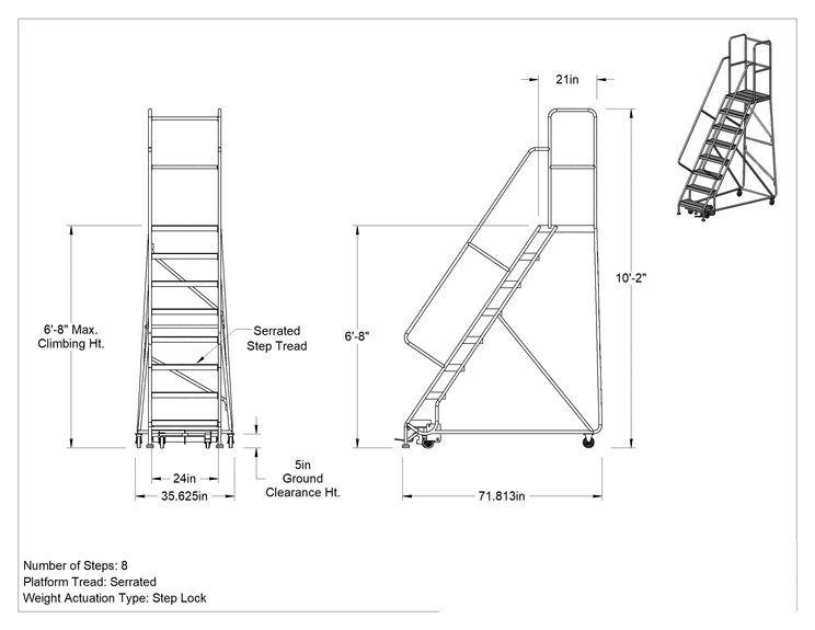 Teknik Çizim - Hafif Alüminyum Tekerlekli Platform Merdiveni, Tırtıklı Basamaklar, 10'2" Yükseklik x 36" Genişlik x 72" Derinlik Toplam