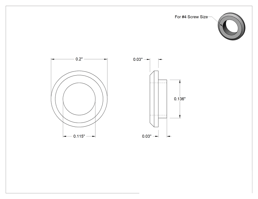 Teknik Çizim - PTFE Düz Kenarlı Yalıtım Manşon Pulları, 4 Numaralı Vida Boyutu için, 0.115" İç Çap, 0.200" Dış Çap