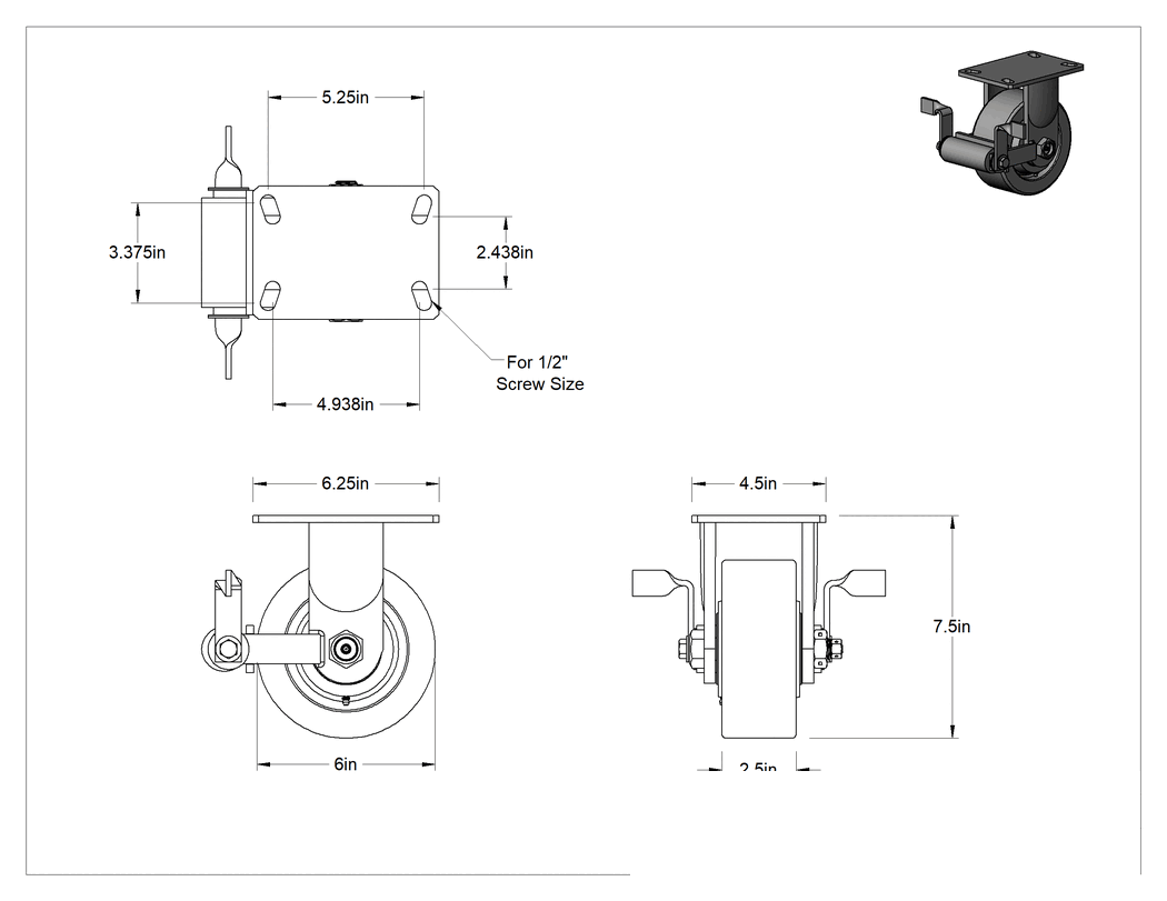 Teknik Çizim - 6-1/4" x 4-1/2" Plakalı Viking Tekerlek, Yüksek Kapasiteli, Frenli ve 6 inç Çapında Fenolik Tekerlekli Sabit