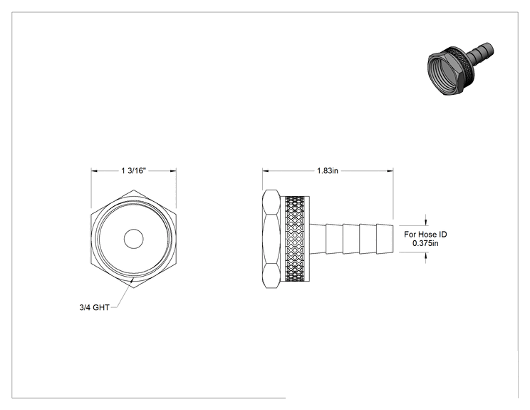 Teknik Çizim - Pirinç Tırnaklı Bahçe Hortumu Bağlantı Parçası, Döner Başlıklı Adaptör, 3/8" Hortum İç Çapı x 3/4 GHT Dişi için