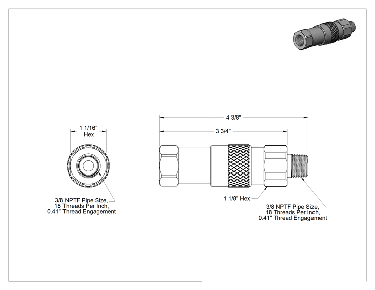 Teknik Çizim - Hidrolik Krikolar için Hortum Bağlantısı, Hızlı Bağlantı Kesme, 3/8 Dişi x 3/8 Erkek NPTF