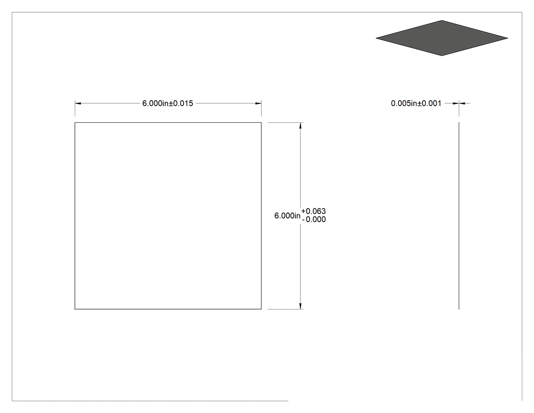 Teknik Çizim - Ultra Yüksek Sıcaklık Niyobyum Levha, 6" x 6" x 0.005" Kalınlık