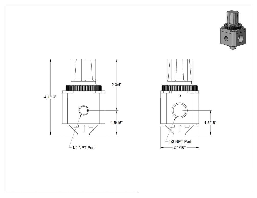 Teknik Çizim - Temiz Oda Basınç Düzenleme Valfi, Basınç Dengeleyici ile 1.44 inç Çapında Panel Kesiti, 1/2 NPT