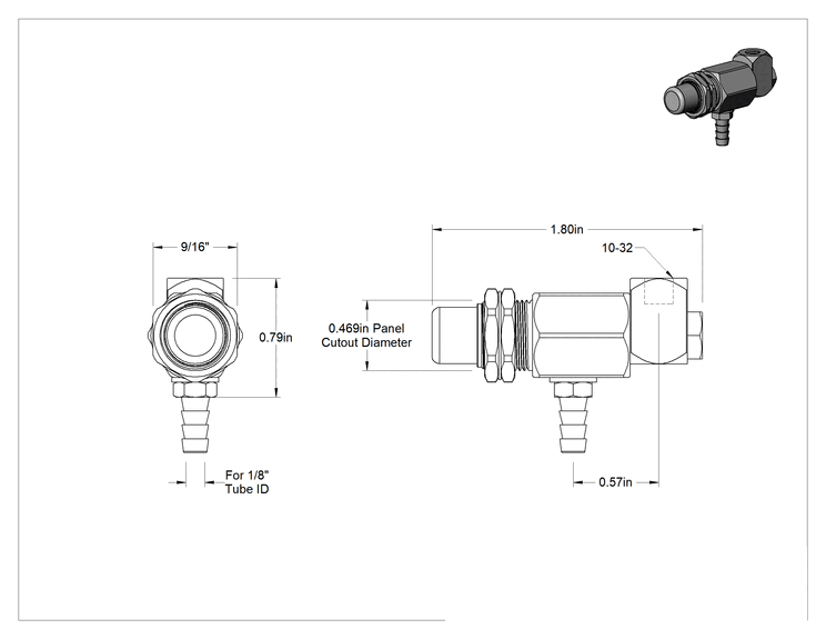 Teknik Çizim - Dişli Bağlantı Parçalı Döner Açma/Kapama Vanası, Basma Düğmeli, 10-32 UNF Dişi Diş x 1/8" Boru İç Çapı için