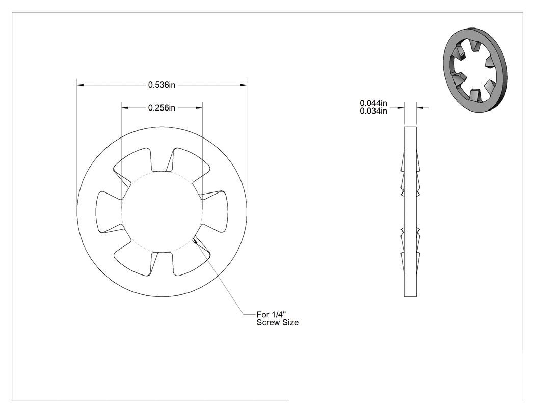 Teknik Çizim - Çinko Kaplı Çelik İç Dişli Kilit Pulları, 1/4" Vida Boyutu için, 0.256" İç Çap, 0.536" Dış Çap