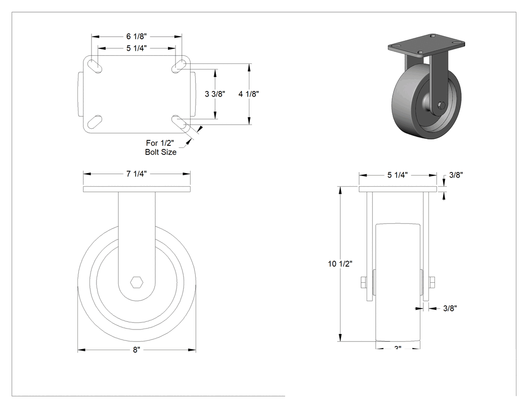 Teknik Çizim - Sure-Fire Tekerlek, Yüksek Kapasiteli, 7-1/4" x 5-1/4" Plaka, Sabit, 8" Çaplı Kauçuk Tekerlek