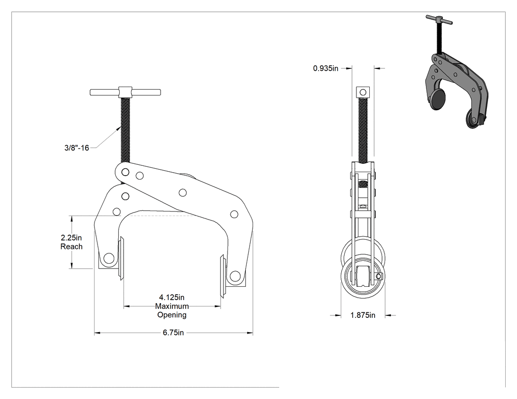 Teknik Çizim - Bükülmeyen C-Kelepçesi, Çizilmez, 0" ila 4-1/8" Açıklık