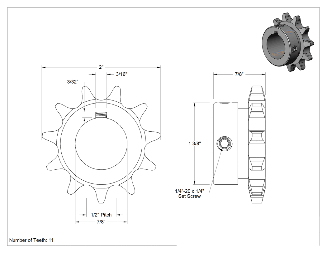 Teknik Çizim - Çelik Tek Sıralı Dişli, ANSI 40 Makaralı Zincir ve 7/8" Mil Çapı için, 11 Diş