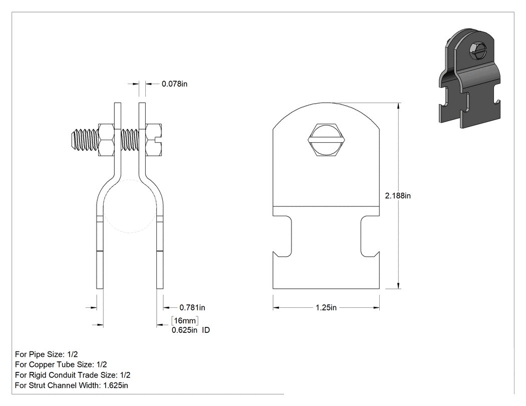 Teknik Çizim - Strut Montajlı Metal Yönlendirme Kelepçesi, PVC Kaplı Çelik, 5/8" İç Çap, 5/64" Kalınlık