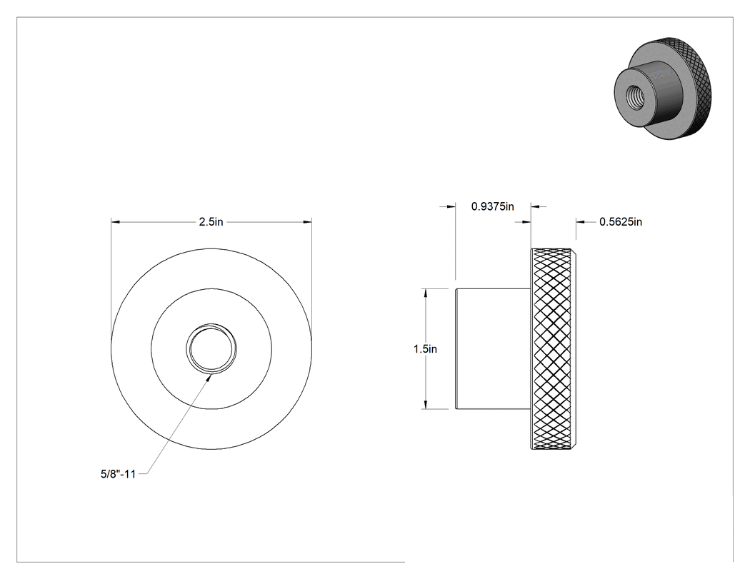 Teknik Çizim - Siyah Oksit Çelik Tırtıllı Tutma Düğmesi, 5/8"-11 Dişli Delikli, 2-1/2" Başlık Çapı