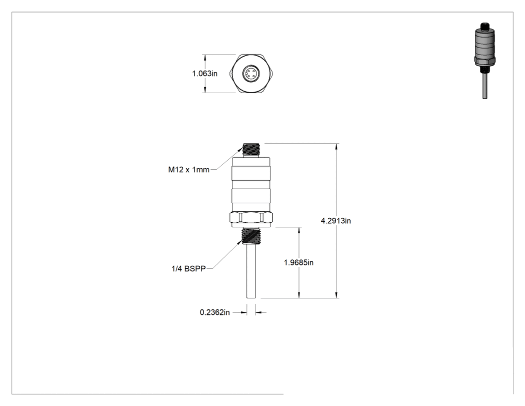 Teknik Çizim - Elektronik Sıcaklık Şalteri, Ayarlanabilir Sıfırlama, 1/4 BSPP Erkek Paslanmaz Çelik Prob