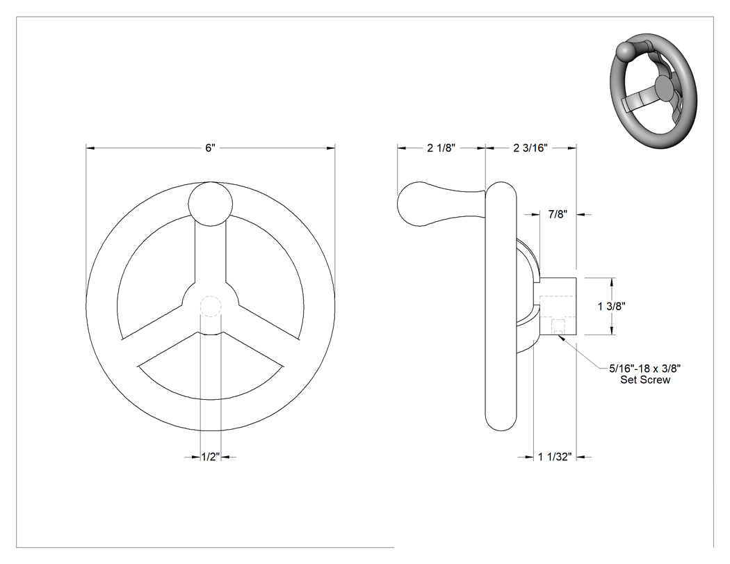 Teknik Çizim - Çinko Dişsiz Delikli Çarklı El Çarkı, Dönen Saplı Üç Kollu Tekerlek, 1/2" Delik Çapı