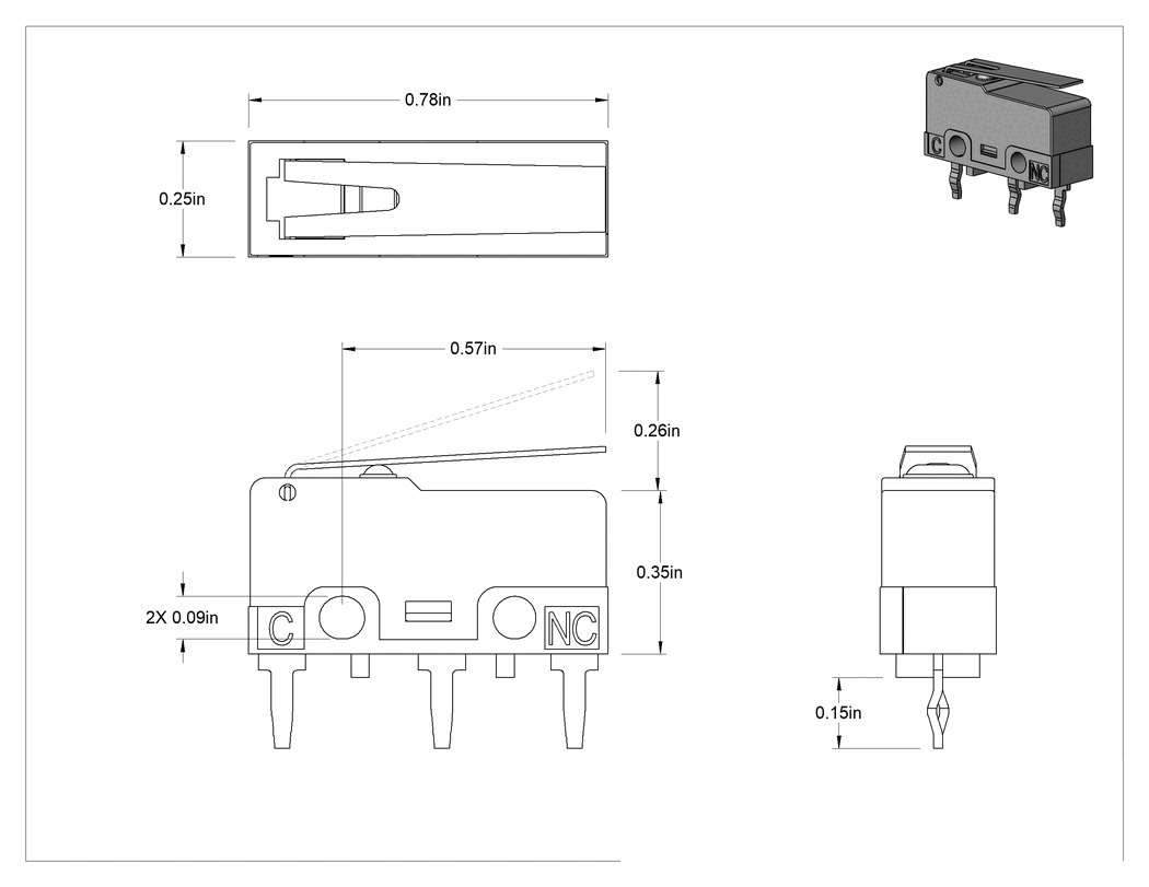 Teknik Çizim - Subminyatür Anında Çalışan Anahtar, Kol Aktüatörlü ve Lehimli Pim Terminalleri, 5A @ 125V AC